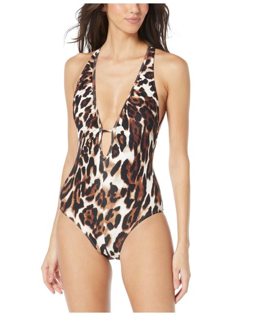 Vince Camuto Plunge Halter One-Piece Swimsuit Brown