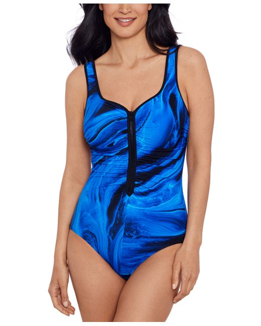 Swim Solutions Shirred Zip-Front One-Piece Swimsuit