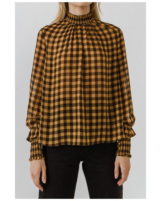 English Factory Checker Blouse with Mock Neck black