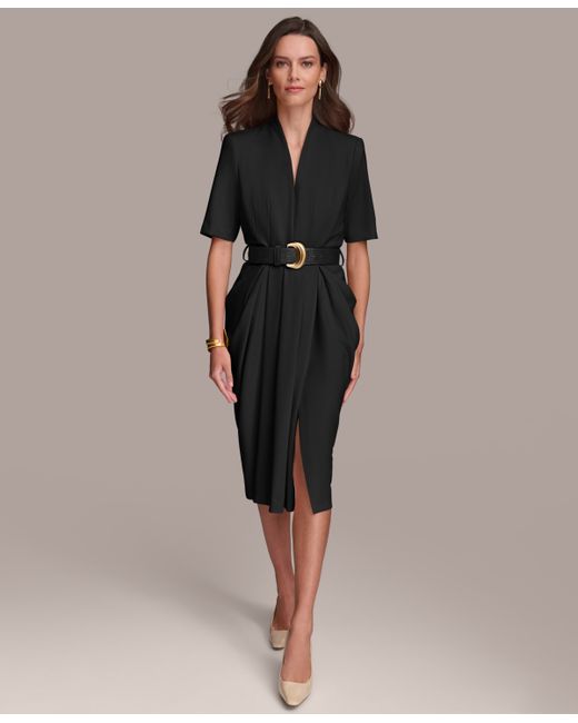 Donna Karan V-Neck Belted Short-Sleeve Dress