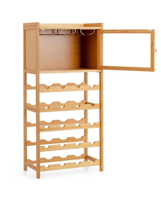 Slickblue 20-Bottle Freestanding Bamboo Wine Rack Cabinet with Display Shelf and Glass Hanger