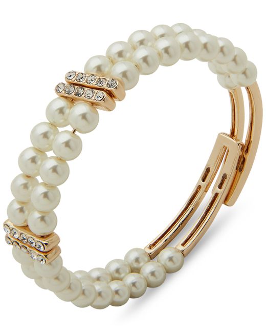AK Anne Klein Gold-Tone Pave Imitation Pearl Double-Row Coil Bracelet