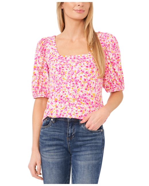 Cece Floral Print Square Neck Puff Sleeve Knit Top