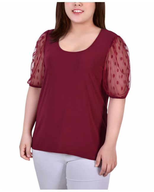 Ny Collection Plus Elbow Sleeve Crepe Top with Mesh Dotted Sleeves