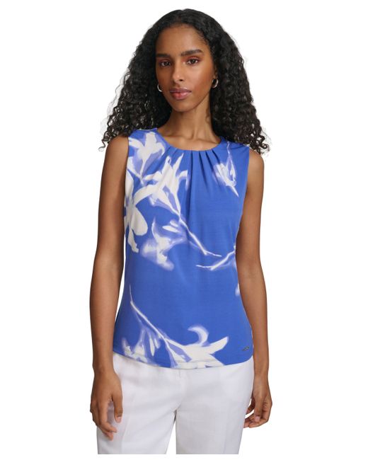 Calvin Klein Floral-Print Pleated-Neck Sleeveless Top