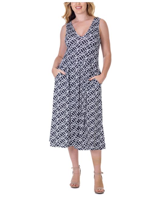 24seven Comfort Apparel Print Sleeveless Pleated Pocket Midi Dress