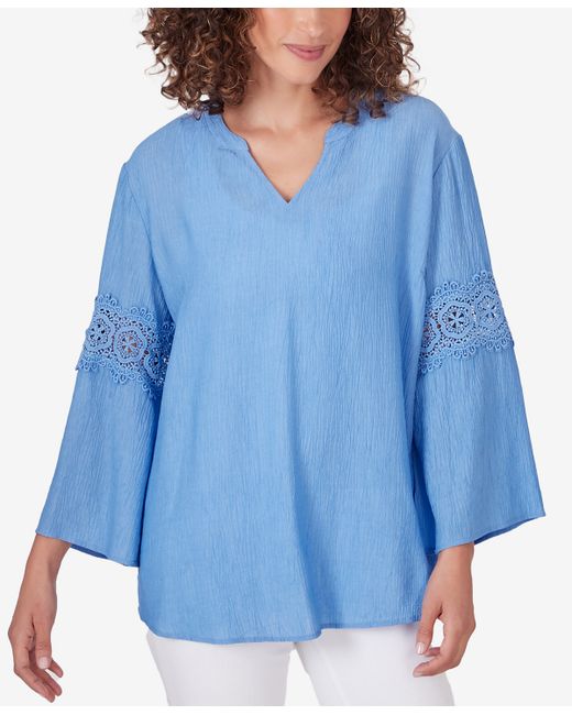 Ruby Rd. Ruby Rd. Petite Bali Split Neck Lace Bell Sleeve Top