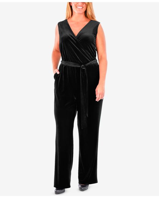 Ny Collection Plus Sleeveless Faux-Wrap Velvet Jumpsuit