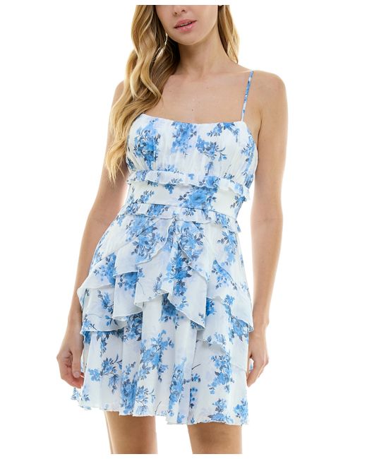 City Studios Juniors Floral Print Ruffled Sleeveless Fit Flare Dress blue