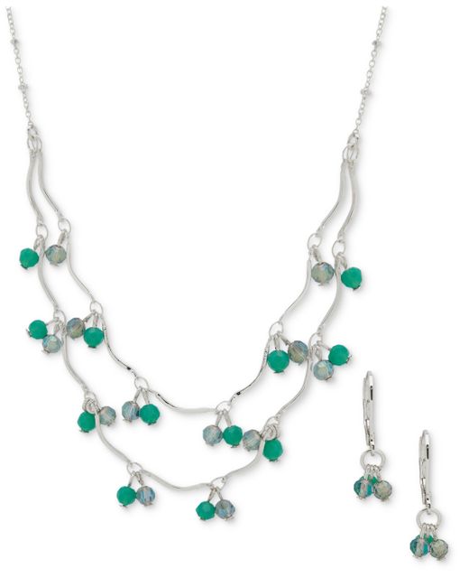 AK Anne Klein Silver-Tone Shaky Bead Layered Statement Necklace Drop Earrings Set