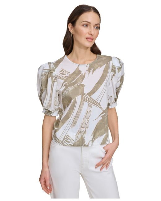 Dkny Voile Printed Puff-Shoulder Woven Crewneck Top