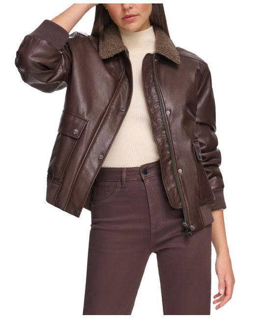 Calvin Klein Faux-Fur-Collar Faux-Leather Bomber Coat
