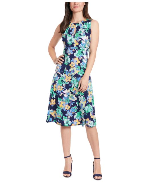 London Times Floral-Print Keyhole Fit Flare Dress teal