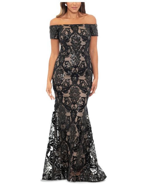 Xscape Sequined Mesh Off-The-Shoulder Gown nude