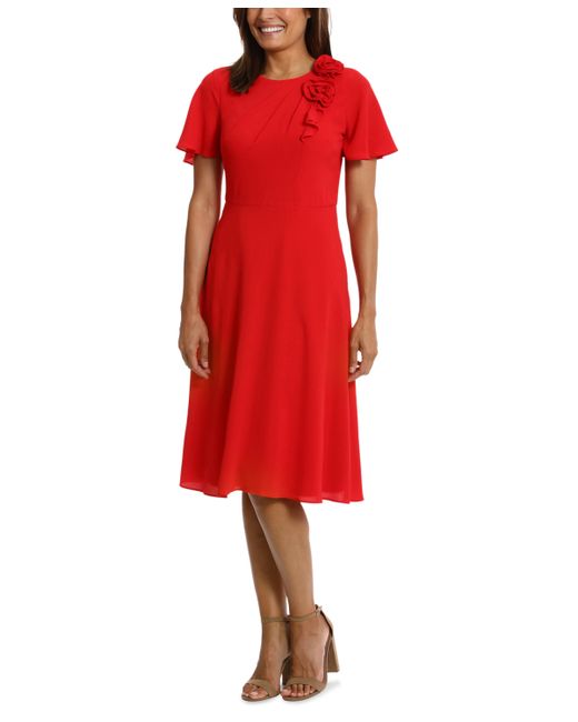 London Times Rosette Flutter-Sleeve Midi Dress