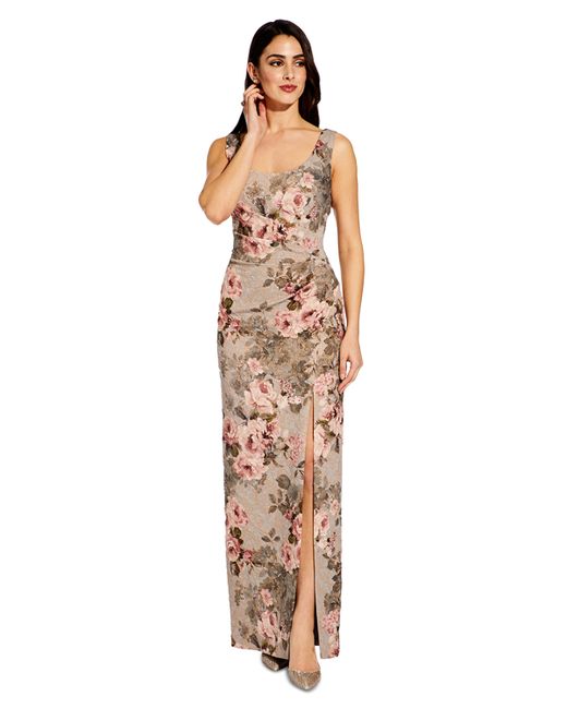 Adrianna Papell Metallic Floral-Print Column Gown Blush Floral