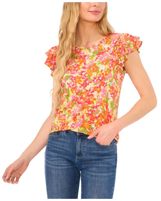 Cece Floral Print Double Ruffled Sleeve Crewneck Knit Top