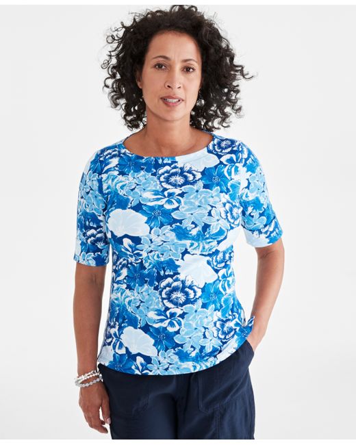 Style & Co Printed Elbow-Sleeve Boat-neck Top Created for