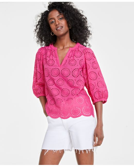 On 34th Solid Eyelet Puff-Sleeve Blouse Created for