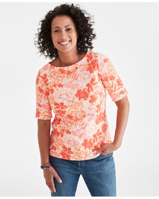 Style & Co Printed Elbow-Sleeve Boat-neck Top Created for