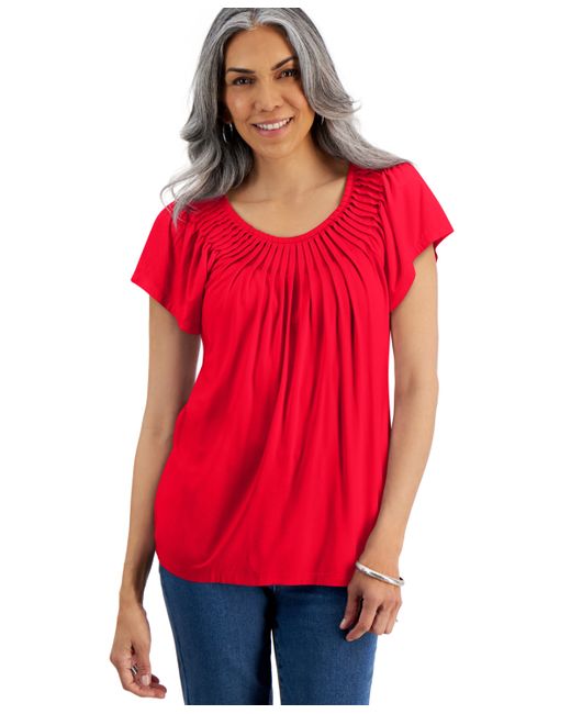 Style & Co Pleated-Neck Short-Sleeve Top Regular Petite Created for