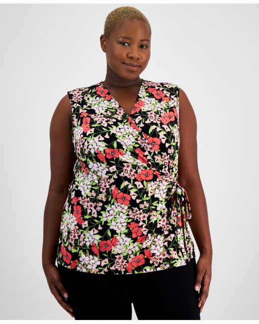 AK Anne Klein Plus Printed Faux-Wrap Sleeveless Top Created for Red Pear