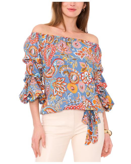 Vince Camuto Printed Off The Shoulder Bubble Sleeve Tie Front Blouse