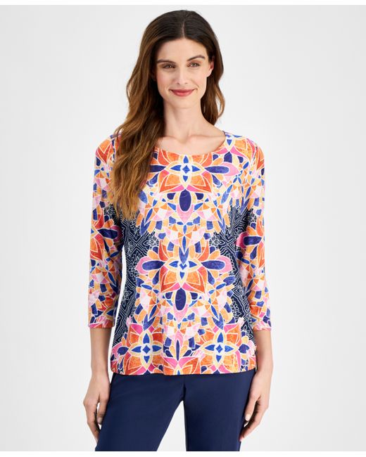 Jm Collection Printed 3/4 Sleeve Jacquard Top Created for