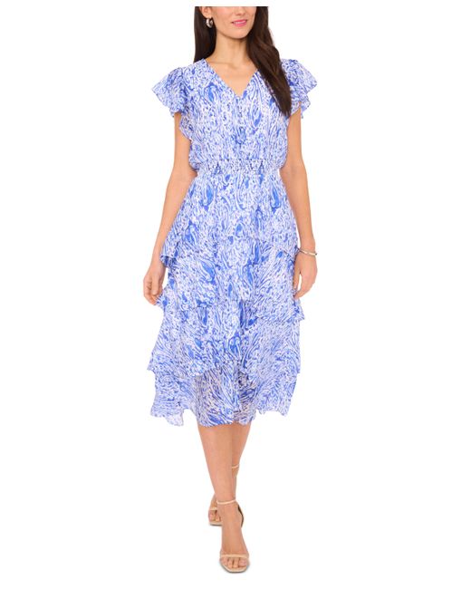 Vince Camuto Printed Flutter-Sleeve Tiered Midi Dress