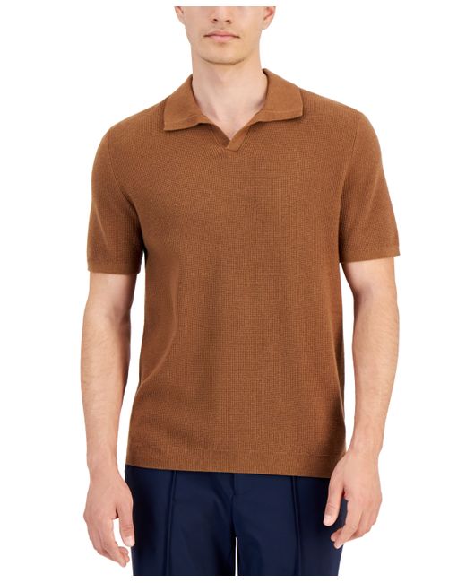 Alfani Textured Waffle-Knit Short Sleeve Open Collar Polo Sweater Created for