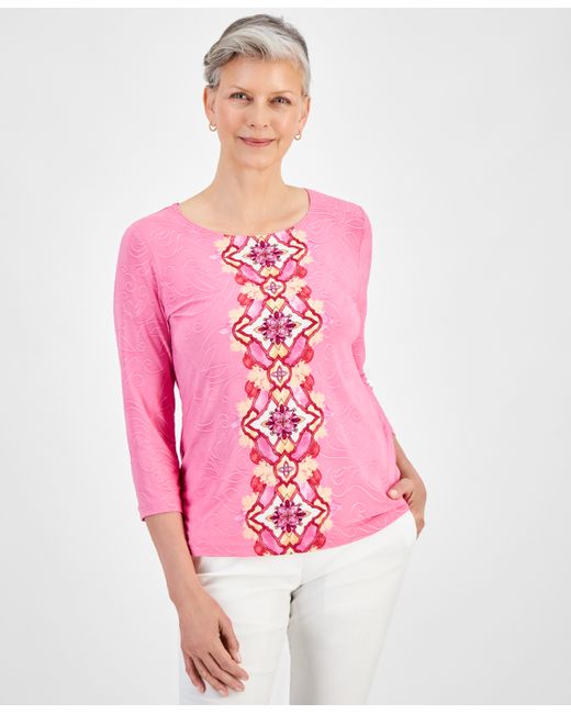 Jm Collection Jacquard Printed 3/4-Sleeve Top Created for