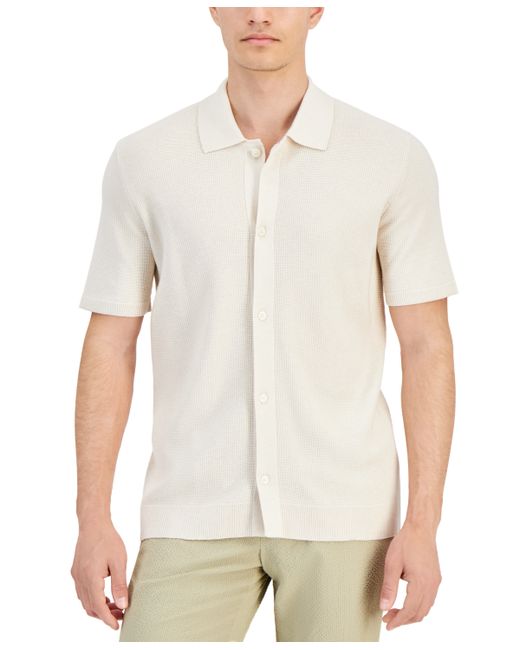 Alfani Short Sleeve Textured Knit Button-Down Polo Shirt Created for Macy