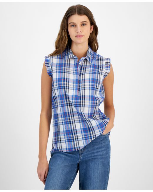 Tommy Hilfiger Plaid Collared Sleeveless Top