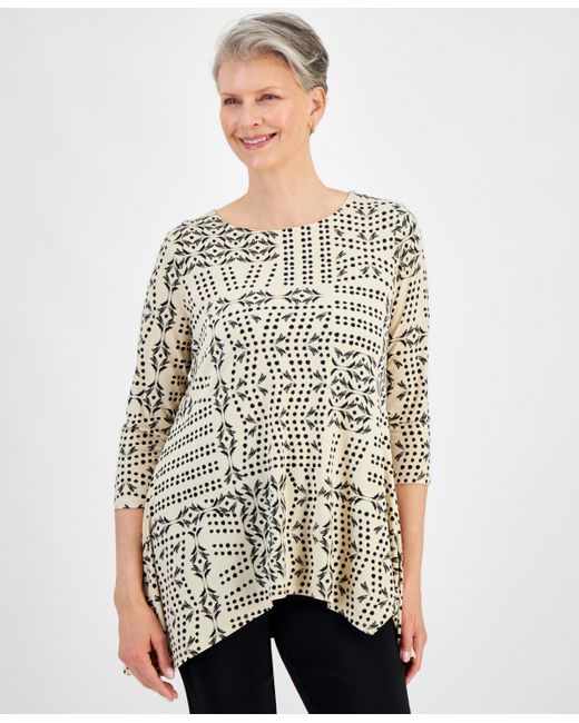 Jm Collection 3/4 Sleeve Printed Jacquard Top Created for