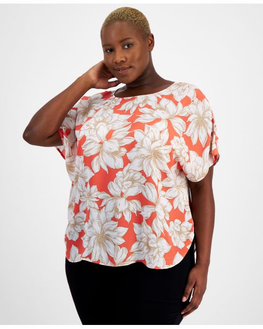 AK Anne Klein Plus Printed Boat-Neck Short-Sleeve Top Created for Bright White