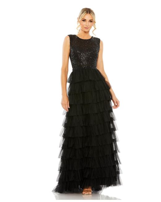 Mac Duggal Ruffle Tiered Sequin High Neck Gown