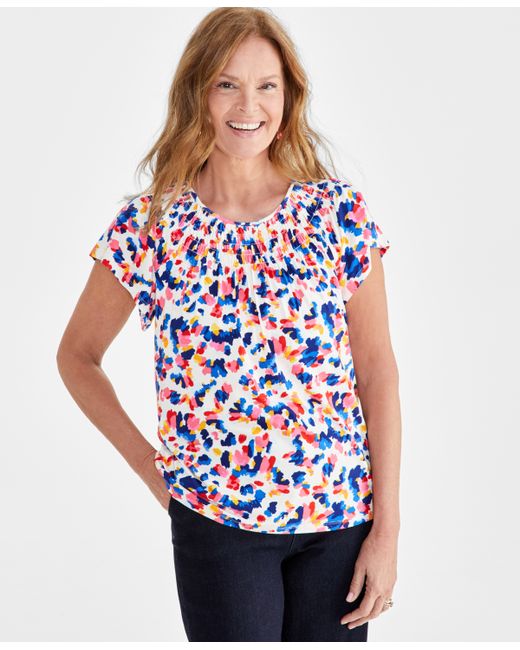 Style & Co Printed Smocked-Neck Knit Top Created for