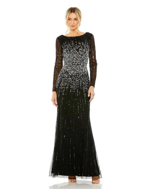 Mac Duggal High Neck Sequin Embellished Long Sleeve A Line Gown