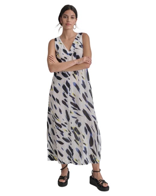 Dkny Printed Linen V-Neck Sleeveless Maxi Dress w