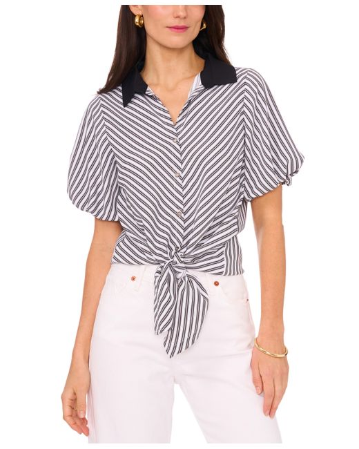 Vince Camuto Chevron-Stripe Puff-Sleeve Tie-Front Top