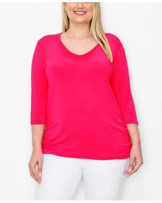 Coin 1804 Plus V-neck Side Ruched 3/4 Sleeve Top