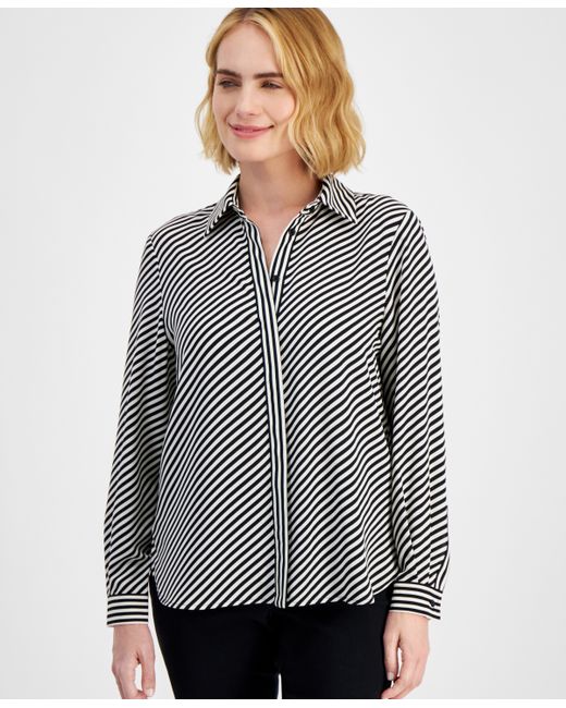 AK Anne Klein Petite Striped Covered-Placket Long-Sleeve Top anne White Combo