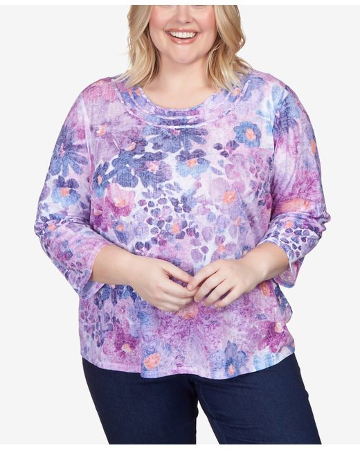 Alfred Dunner Plus Fields Triple Knotted Neck Watercolor Floral Top