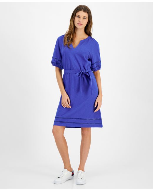 Tommy Hilfiger Cotton Belted Puff-Sleeve Dress
