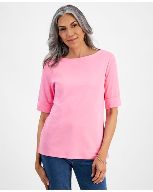 Style & Co Boat-Neck Elbow Sleeve Cotton Top Xs-4X Created for