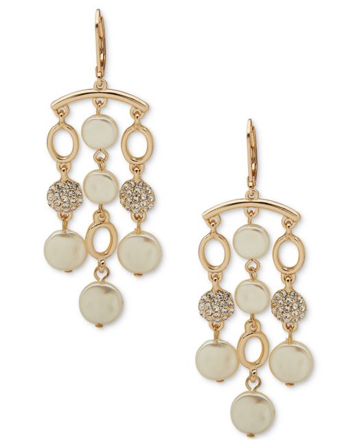 AK Anne Klein Gold-Tone Pave Imitation Pearl Disc Chandelier Earrings