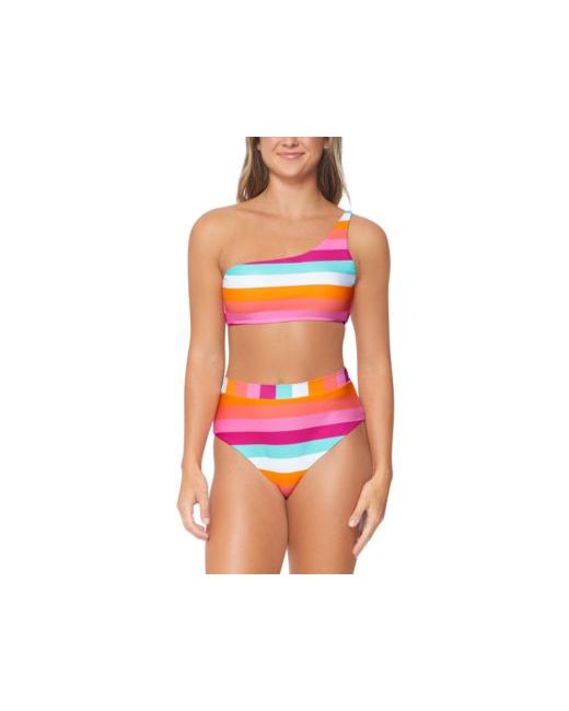 Raisins Juniors Shine On Striped Asymmetric Bikini Top High Waisted Bottoms