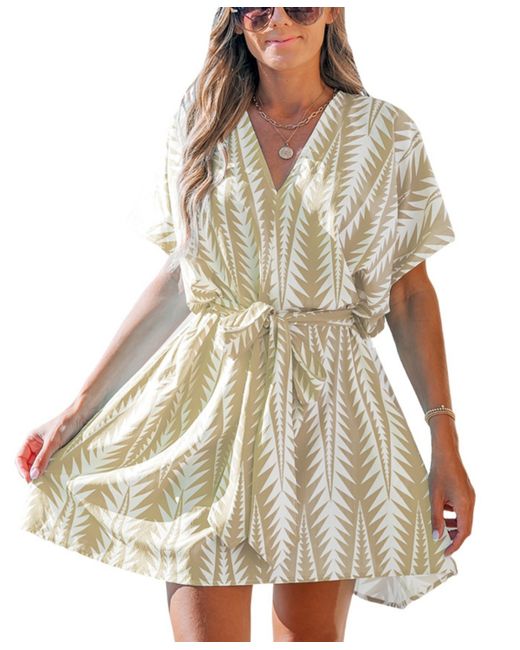 Cupshe Sash Belted Geo Print Mini Beach Dress khaki
