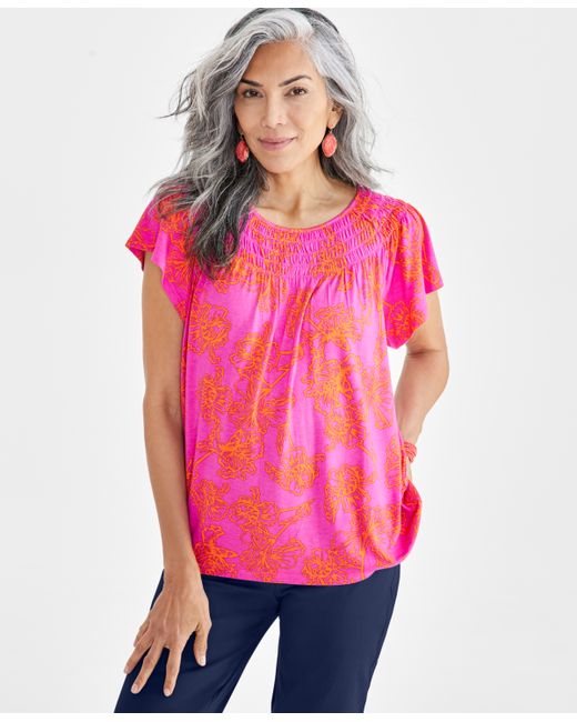 Style & Co Printed Smocked-Neck Knit Top Created for
