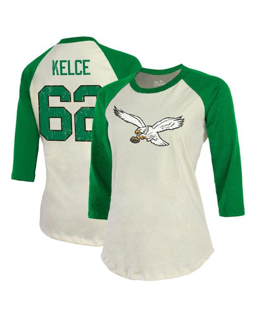 Majestic Threads Jason Kelce Kelly Green Philadelphia Eagles Alternate Player Name and Number Raglan 3/4-Sleeve T-shirt